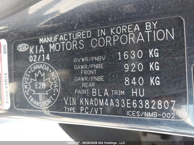 12688197 :رقم المزاد ، KNADM4A33E6382807 vin ، 2014 Kia Rio Lx مزاد بيع