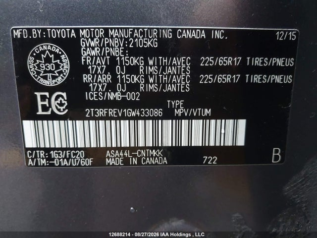 Toyota RAV4 2016 2T3RFREV1GW433086 Image 9