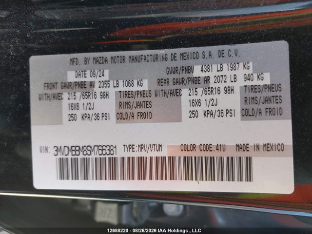 12688220 :رقم المزاد ، 3MVDMBBM8SM766381 vin ، 2025 Mazda Cx-30 Gx مزاد بيع