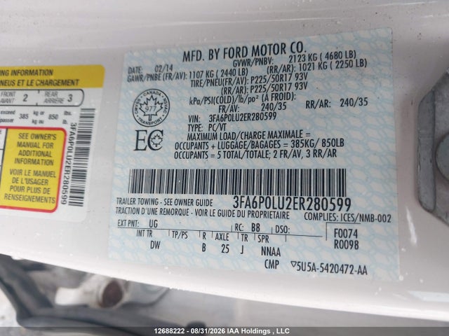 Продажа на аукционе авто 2014 Ford Fusion, vin: 3FA6P0LU2ER280599, номер лота: 12688222
