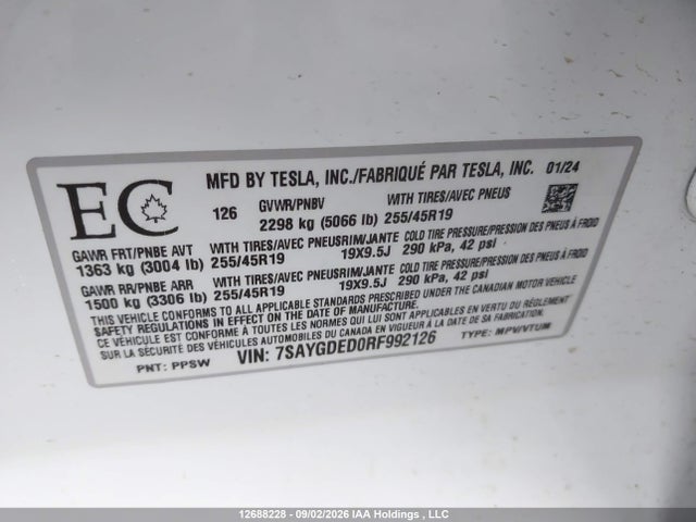 Продаж на аукціоні авто 2024 Tesla Model Y, vin: 7SAYGDED0RF992126, номер лоту: 12688228