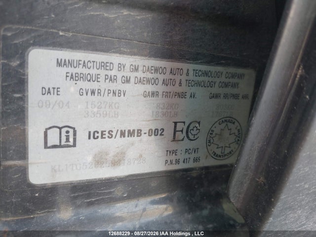 2005 Chevrolet Aveo მანქანა იყიდება აუქციონზე, vin: KL1TG52625B318728, აუქციონის ნომერი: 12688229