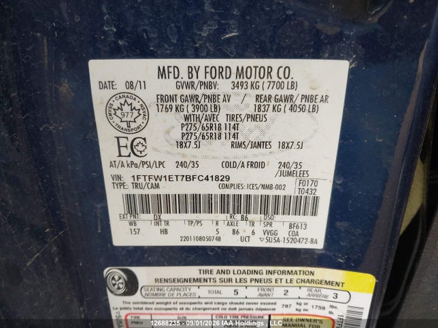 Продаж на аукціоні авто 2011 Ford F150 Supercrew, vin: 1FTFW1ET7BFC41829, номер лоту: 12688235