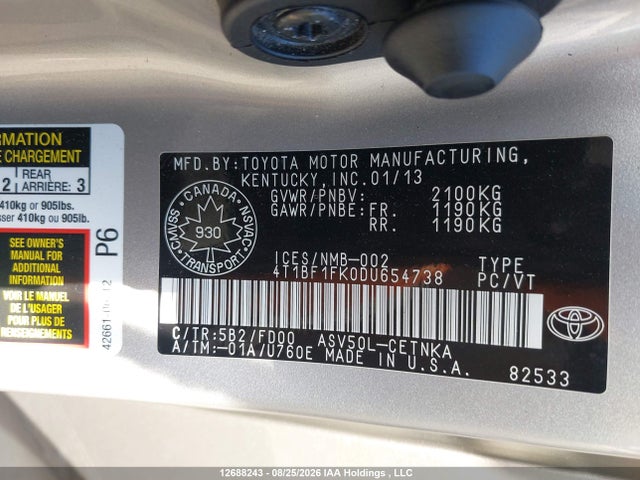12688243 :رقم المزاد ، 4T1BF1FK0DU654738 vin ، 2013 Toyota Camry L/se/le/xle مزاد بيع