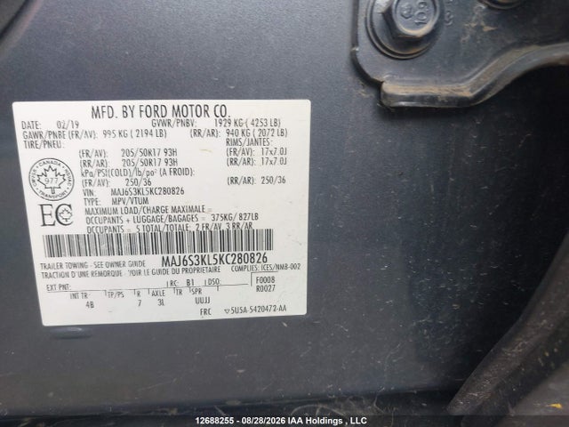 Продажа на аукционе авто 2019 Ford Ecosport, vin: MAJ6S3KL5KC280826, номер лота: 12688255