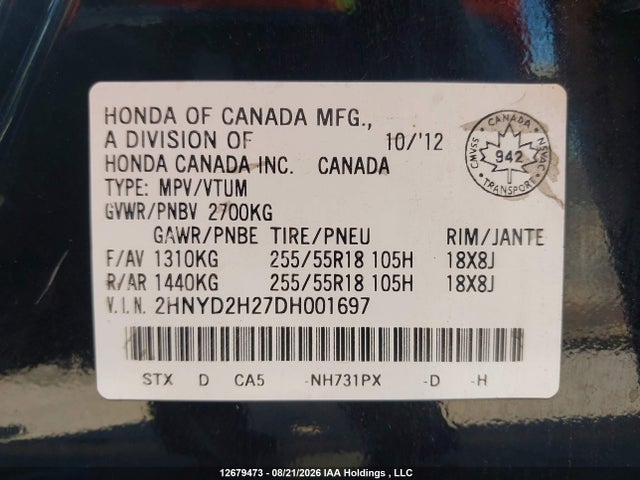 12679473 :رقم المزاد ، 2HNYD2H27DH001697 vin ، 2013 Acura Mdx مزاد بيع