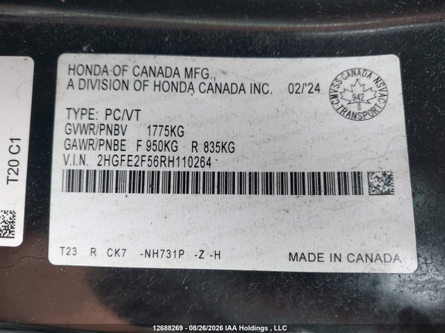 Aukcja sprzedaży 2024 Honda Civic, vin: 2HGFE2F56RH110264, numer aukcji: 12688269