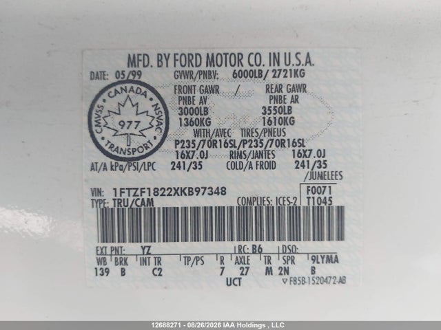Продаж на аукціоні авто 1999 Ford F150, vin: 1FTZF1822XKB97348, номер лоту: 12688271