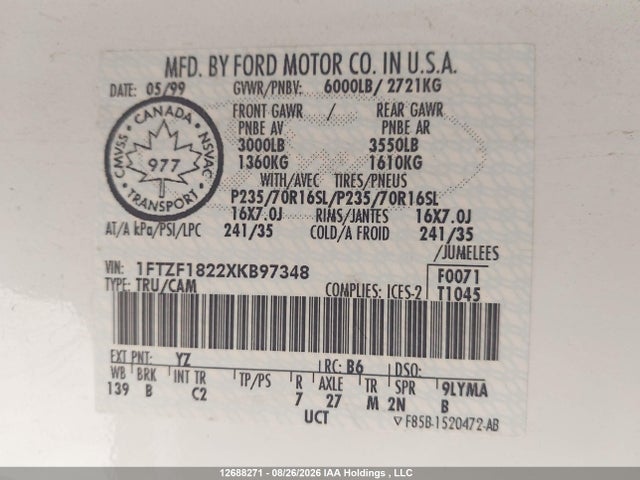 Продаж на аукціоні авто 1999 Ford F150, vin: 1FTZF1822XKB97348, номер лоту: 12688271
