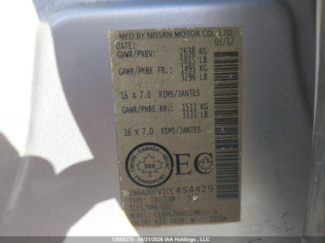Продаж на аукціоні авто 2012 Nissan Frontier Sv/sl, vin: 1N6AD0FV1CC454429, номер лоту: 12688275
