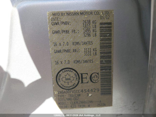 Продаж на аукціоні авто 2012 Nissan Frontier Sv/sl, vin: 1N6AD0FV1CC454429, номер лоту: 12688275