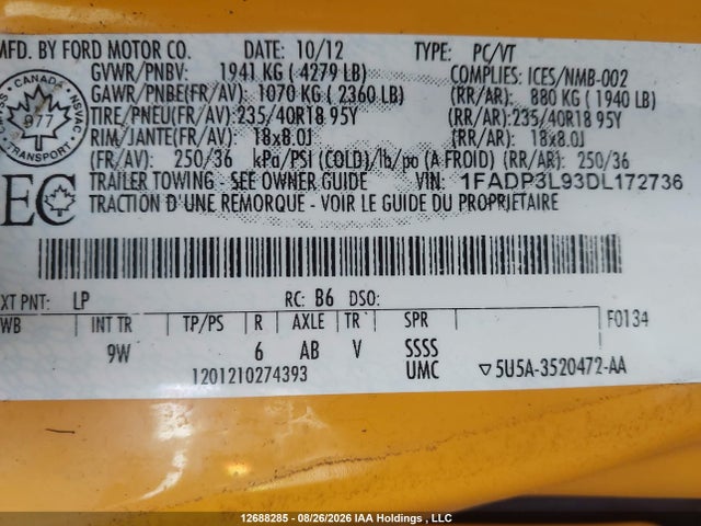 Продажа на аукционе авто 2013 Ford Focus St St, vin: 1FADP3L93DL172736, номер лота: 12688285
