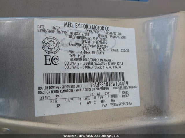 2008 Ford Focus მანქანა იყიდება აუქციონზე, vin: 1FAHP34N18W104419, აუქციონის ნომერი: 12688287