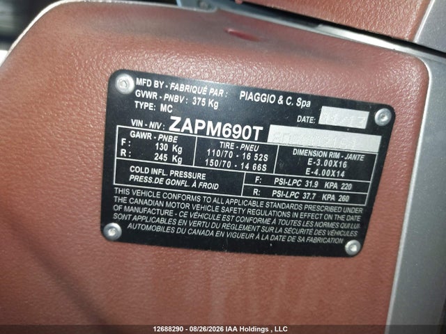 2013 Piaggio Bv 350 მანქანა იყიდება აუქციონზე, vin: ZAPM690T8D5002164, აუქციონის ნომერი: 12688290