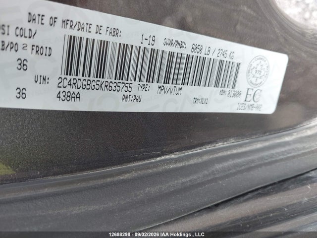 2019 Dodge Grand Caravan Cvp/sxt მანქანა იყიდება აუქციონზე, vin: 2C4RDGBG5KR635755, აუქციონის ნომერი: 12688298