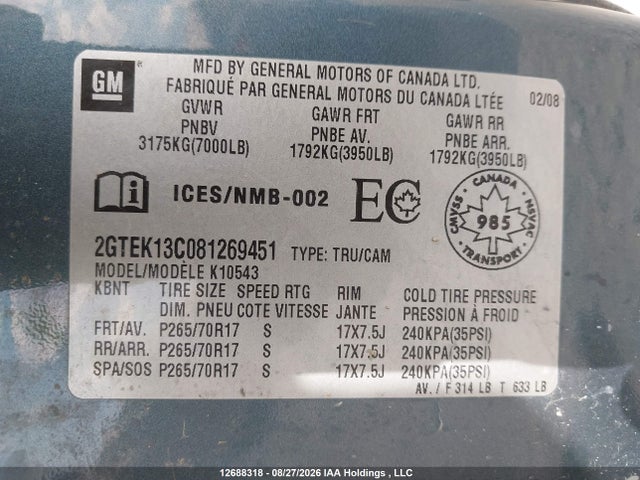 12688318 :رقم المزاد ، 2GTEK13C081269451 vin ، 2008 Gmc Sierra K1500 مزاد بيع