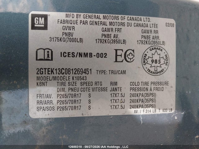 12688318 :رقم المزاد ، 2GTEK13C081269451 vin ، 2008 Gmc Sierra K1500 مزاد بيع