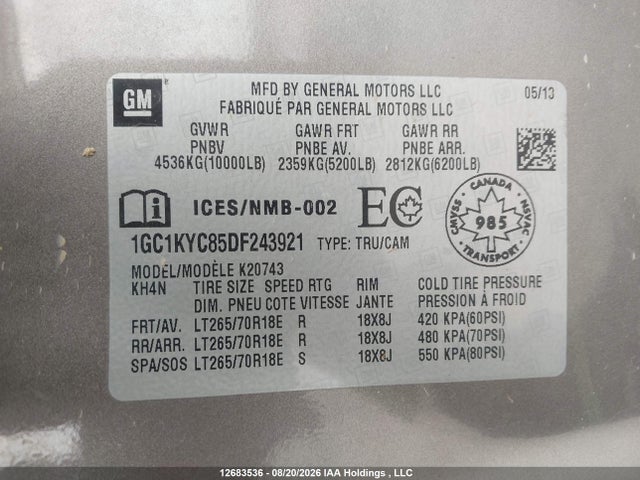 2013 Chevrolet Silverado 2500hd Ltz მანქანა იყიდება აუქციონზე, vin: 1GC1KYC85DF243921, აუქციონის ნომერი: 12683536