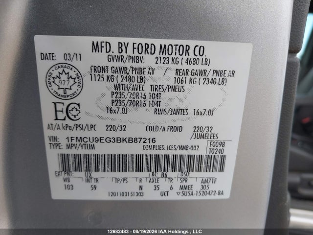 Продажа на аукционе авто 2011 Ford Escape Limited, vin: 1FMCU9EG3BKB87216, номер лота: 12682483
