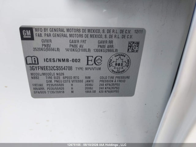 Продажа на аукционе авто 2012 Cadillac Srx Luxury And Performance Collection, vin: 3GYFNEE32CS554708, номер лота: 12675155
