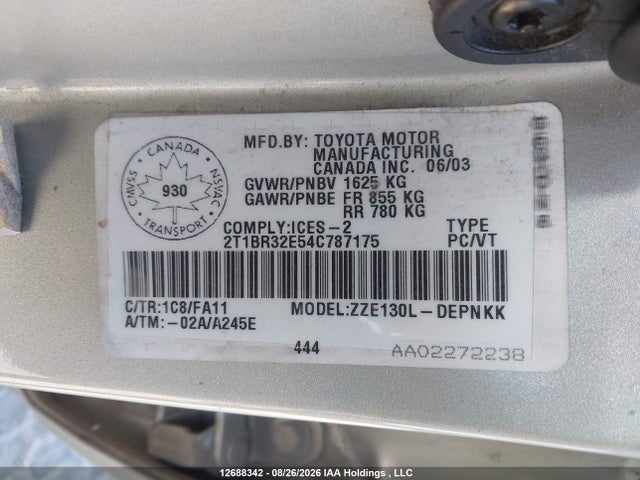 Aukcja sprzedaży 2004 Toyota Corolla Ce/le/s, vin: 2T1BR32E54C787175, numer aukcji: 12688342