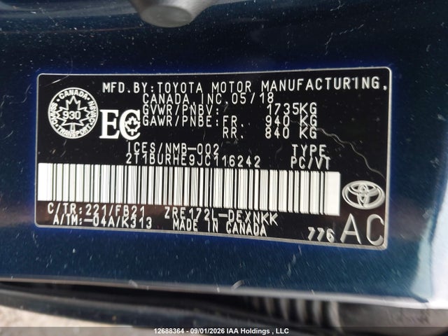 12688364 :رقم المزاد ، 2T1BURHE9JC116242 vin ، 2018 Toyota Corolla مزاد بيع
