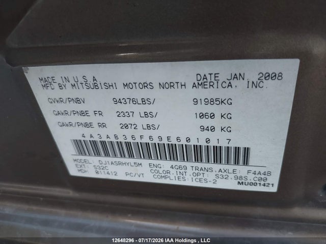 Продажа на аукционе авто 2009 Mitsubishi Galant Es, vin: 4A3AB36F69E601017, номер лота: 12648296