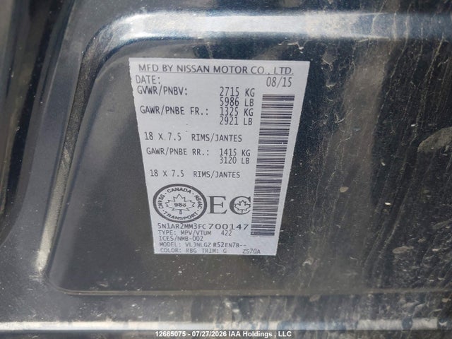 5N1AR2MM3FC700147 Nissan Pathfinder Platinum/s/sl/sv