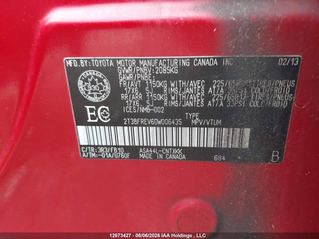 2013 Toyota Rav4 Le მანქანა იყიდება აუქციონზე, vin: 2T3BFREV6DW006435, აუქციონის ნომერი: 12673427