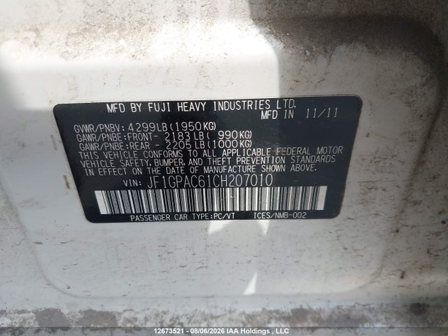 Aukcja sprzedaży 2012 Subaru Impreza 2.0i Touring Package, vin: JF1GPAC61CH207010, numer aukcji: 12673521