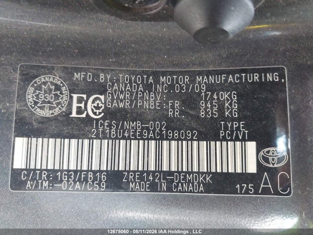 12675060 :رقم المزاد ، 2T1BU4EE9AC198092 vin ، 2010 Toyota Corolla Ce مزاد بيع