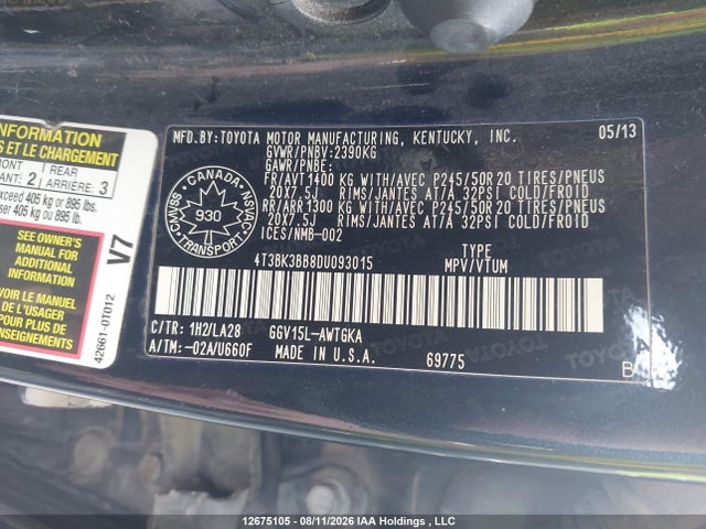 2013 Toyota Venza Base V6 მანქანა იყიდება აუქციონზე, vin: 4T3BK3BB8DU093015, აუქციონის ნომერი: 12675105
