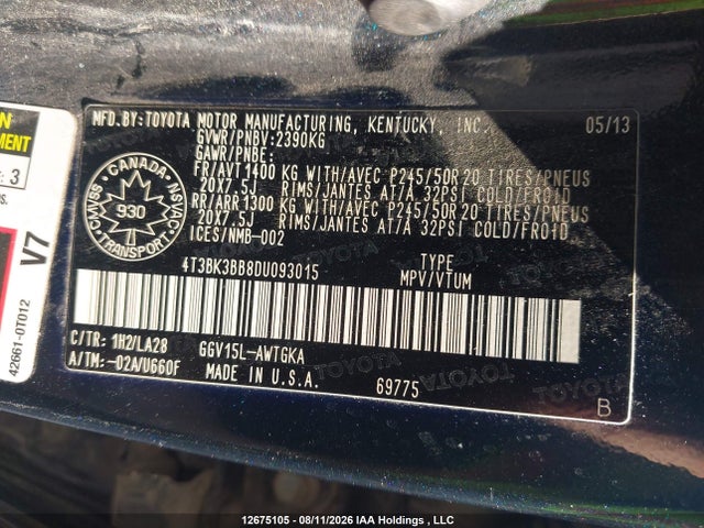 2013 Toyota Venza Base V6 მანქანა იყიდება აუქციონზე, vin: 4T3BK3BB8DU093015, აუქციონის ნომერი: 12675105
