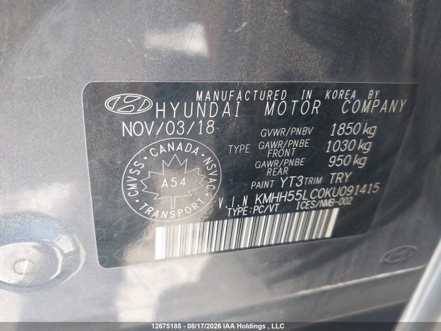 12675185 :رقم المزاد ، KMHH55LC0KU091415 vin ، 2019 Hyundai Elantra Gt N Line Ultimate مزاد بيع