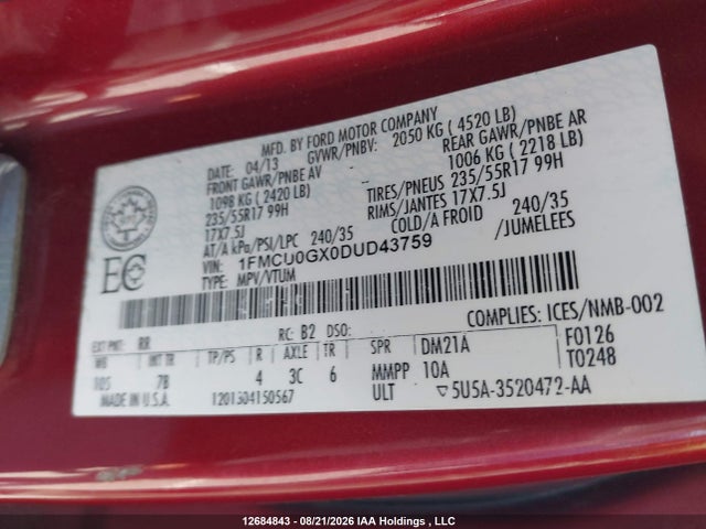 Продажа на аукционе авто 2013 Ford Escape Se, vin: 1FMCU0GX0DUD43759, номер лота: 12684843