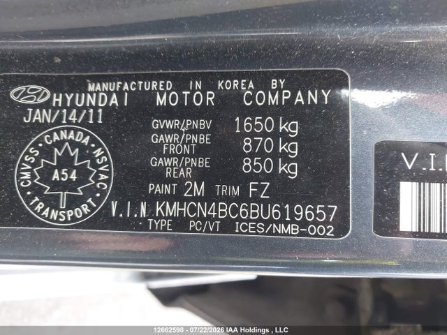 Продажа на аукционе авто 2011 Hyundai Accent Gl, vin: KMHCN4BC6BU619657, номер лота: 12662598