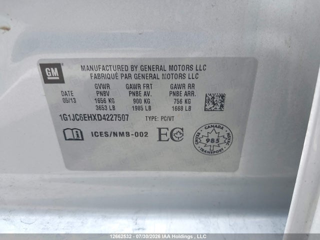 2013 Chevrolet Sonic Lt Auto მანქანა იყიდება აუქციონზე, vin: 1G1JC6EHXD4227507, აუქციონის ნომერი: 12662532