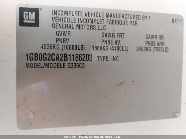 2011 Chevrolet Express Cutaway Standard მანქანა იყიდება აუქციონზე, vin: 1GB0G2CA2B1186203, აუქციონის ნომერი: 12657721