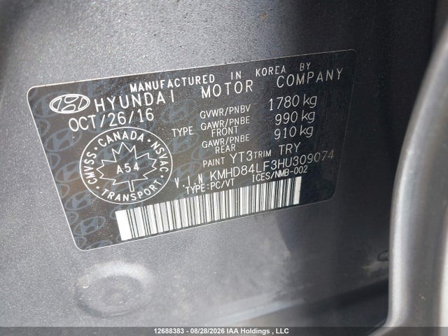 KMHD84LF3HU309074 Hyundai ELANTRA GL