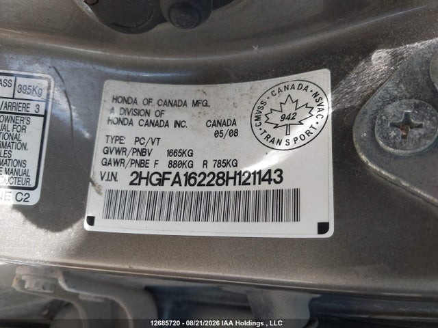 2008 Honda Civic Dx/dx-a მანქანა იყიდება აუქციონზე, vin: 2HGFA16228H121143, აუქციონის ნომერი: 12685720