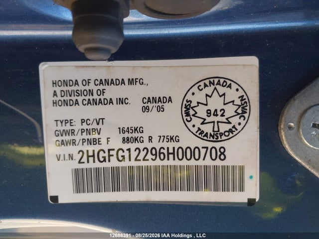 Продаж на аукціоні авто 2006 Honda Civic Dx, vin: 2HGFG12296H000708, номер лоту: 12688391