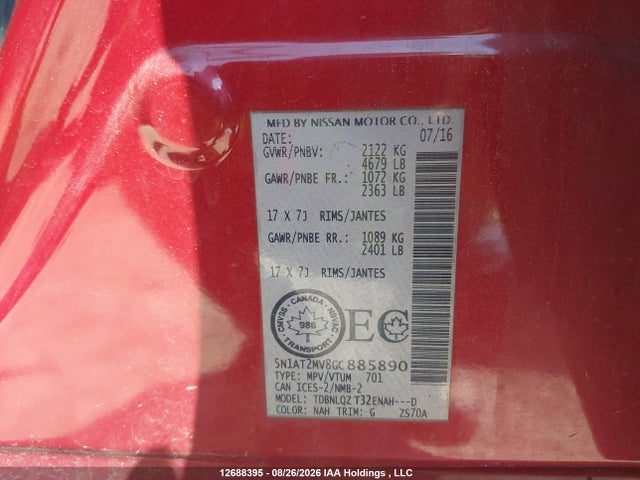5N1AT2MV8GC885890 Nissan Rogue S/sl/sv