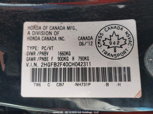 Продажа на аукционе авто 2012 Honda Civic Lx, vin: 2HGFB2F40CH042311, номер лота: 12688396