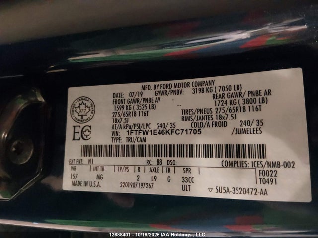 Ford F150 Supercrew 2019 1FTFW1E46KFC71705 Image 9