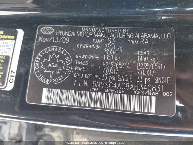 Продажа на аукционе авто 2010 Hyundai Santa Fe Gls, vin: 5NMSG4AG8AH340831, номер лота: 12688421