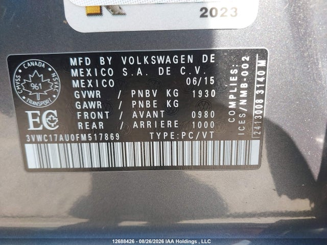 Продаж на аукціоні авто 2015 Volkswagen Golf Sportwagon 1.8 Tsi Comfortline/1.8 Tsi Highline/1.8 Tsi Trendline, vin: 3VWC17AU0FM517869, номер лоту: 12688426
