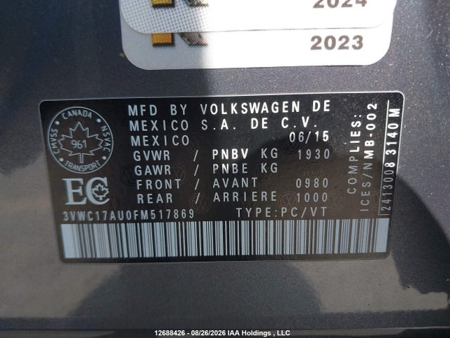 Продаж на аукціоні авто 2015 Volkswagen Golf Sportwagon 1.8 Tsi Comfortline/1.8 Tsi Highline/1.8 Tsi Trendline, vin: 3VWC17AU0FM517869, номер лоту: 12688426
