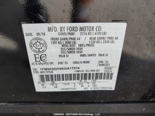 Ford EXPLORER XLT 2019 1FM5K8DH9KGA17514 Image 9