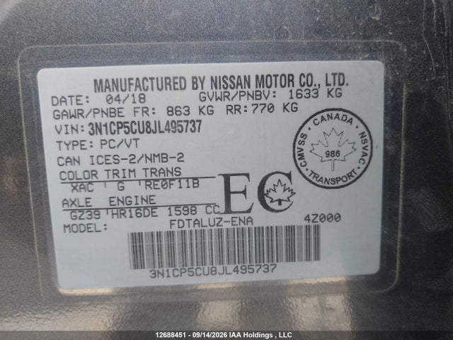 3N1CP5CU8JL495737 Nissan Kicks S/sr/sv