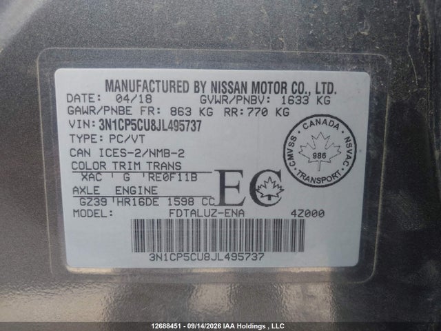 3N1CP5CU8JL495737 Nissan Kicks S/sr/sv